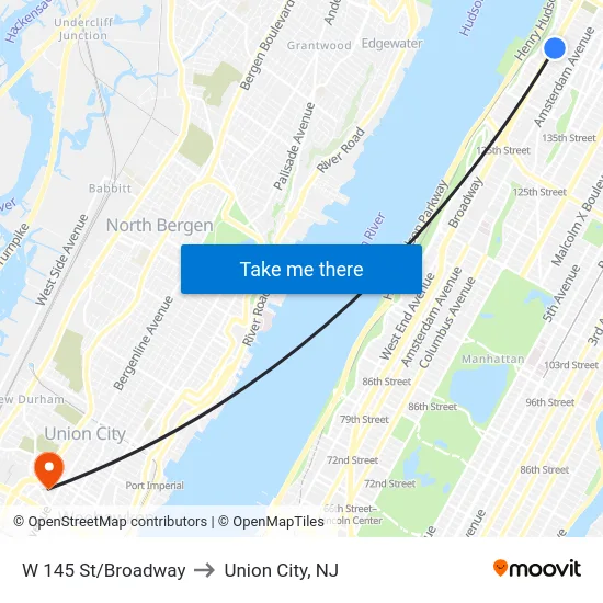 W 145 St/Broadway to Union City, NJ map