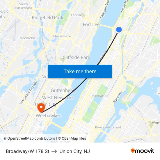Broadway/W 178 St to Union City, NJ map