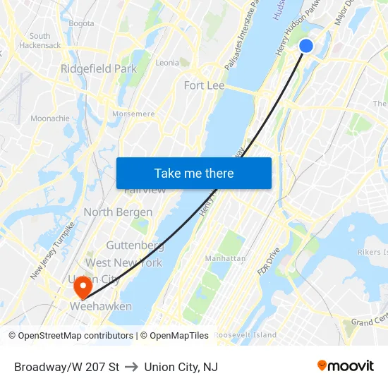Broadway/W 207 St to Union City, NJ map