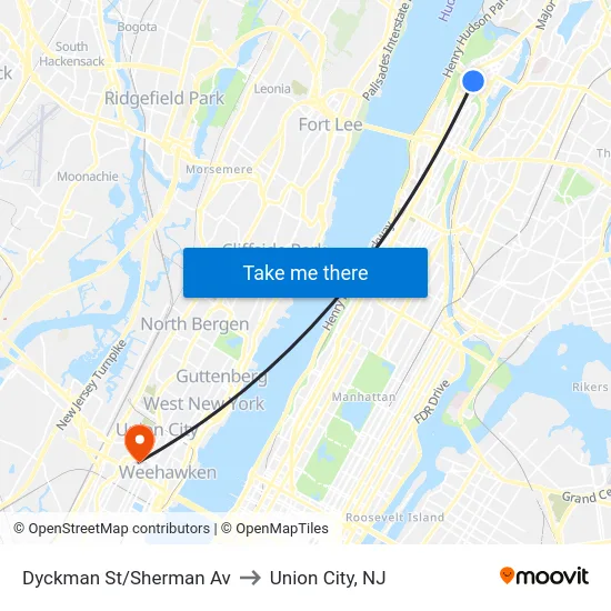 Dyckman St/Sherman Av to Union City, NJ map