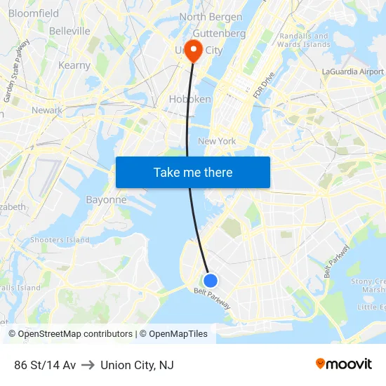 86 St/14 Av to Union City, NJ map
