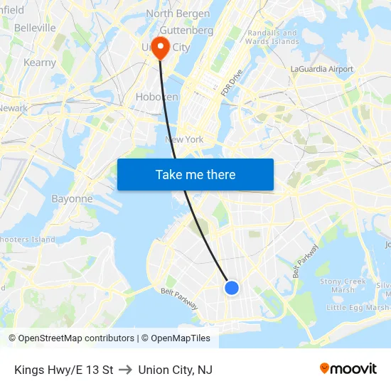 Kings Hwy/E 13 St to Union City, NJ map