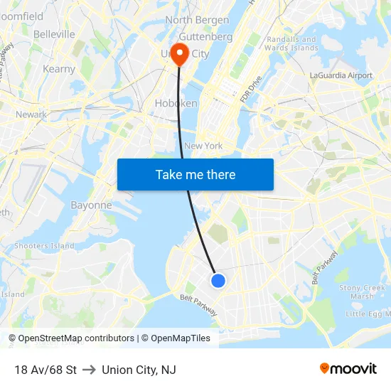 18 Av/68 St to Union City, NJ map