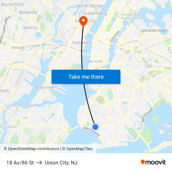 18 Av/86 St to Union City, NJ map