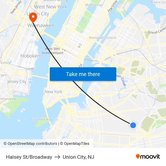 Halsey St/Broadway to Union City, NJ map