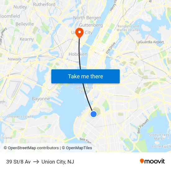 39 St/8 Av to Union City, NJ map