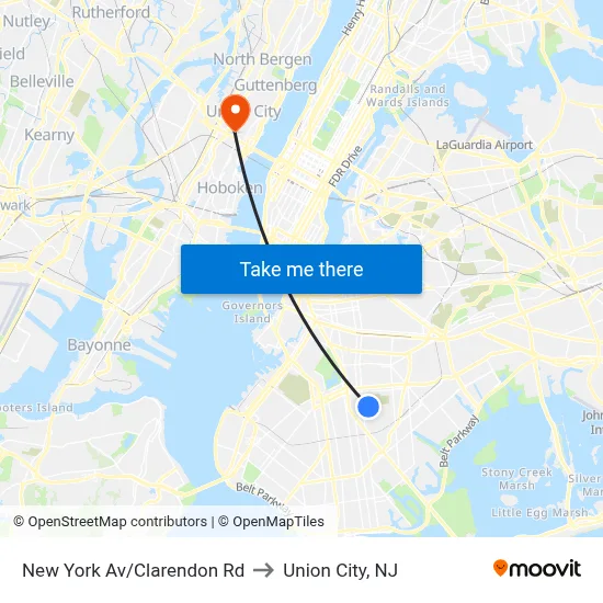 New York Av/Clarendon Rd to Union City, NJ map