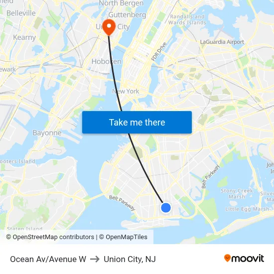Ocean Av/Avenue W to Union City, NJ map