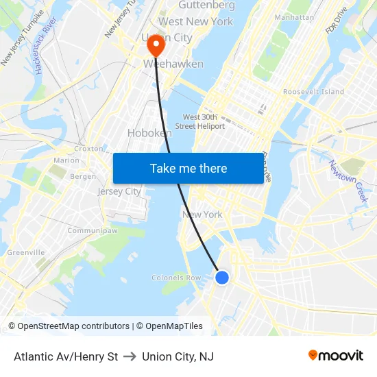 Atlantic Av/Henry St to Union City, NJ map