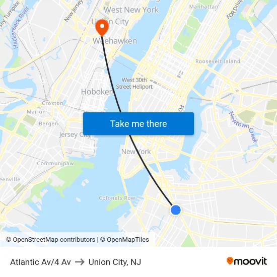 Atlantic Av/4 Av to Union City, NJ map
