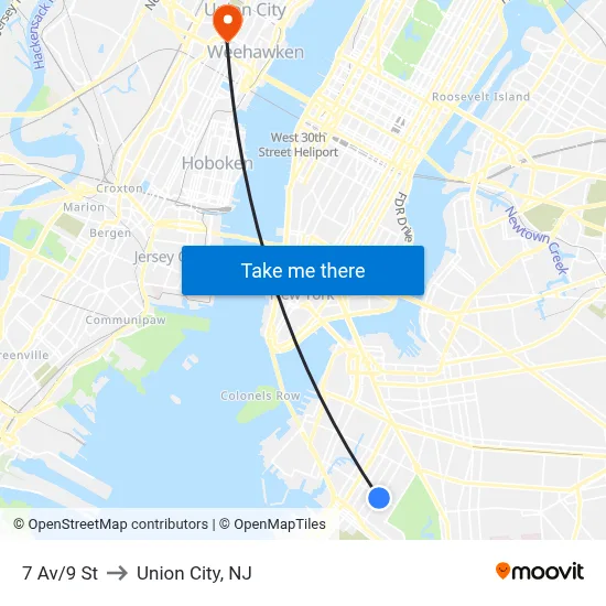 7 Av/9 St to Union City, NJ map