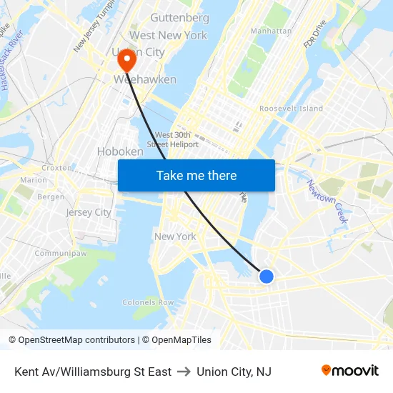 Kent Av/Williamsburg St East to Union City, NJ map