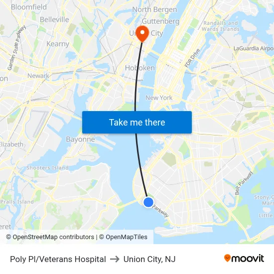 Poly Pl/Veterans Hospital to Union City, NJ map