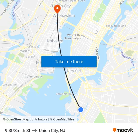 9 St/Smith St to Union City, NJ map