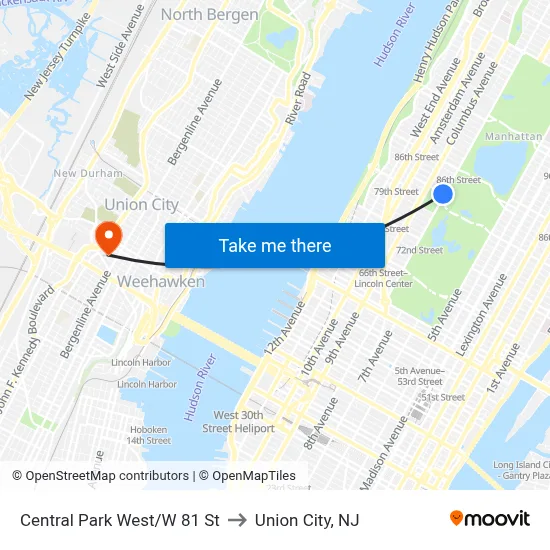 Central Park West/W 81 St to Union City, NJ map