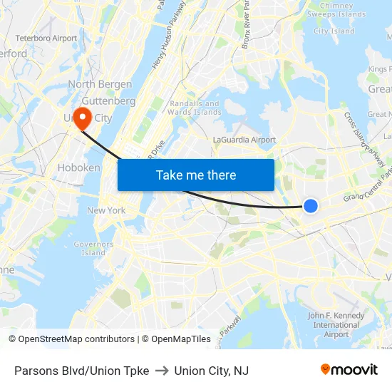 Parsons Blvd/Union Tpke to Union City, NJ map