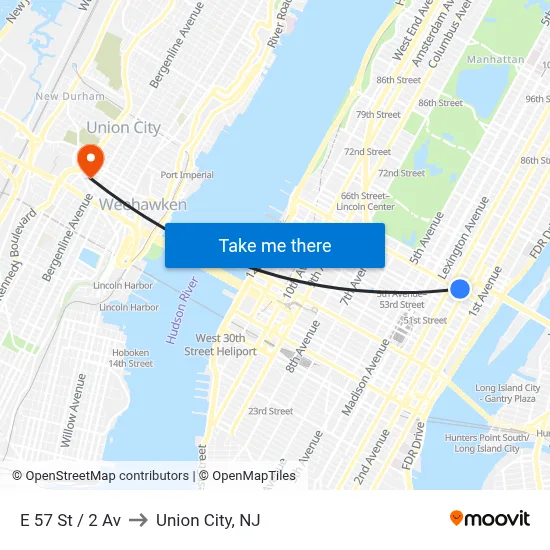 E 57 St / 2 Av to Union City, NJ map