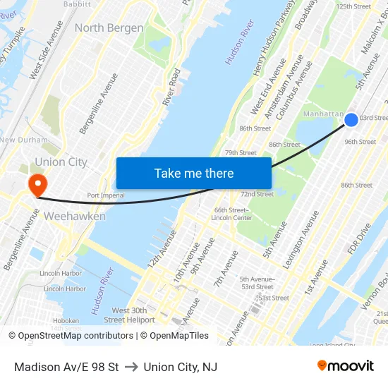 Madison Av/E 98 St to Union City, NJ map