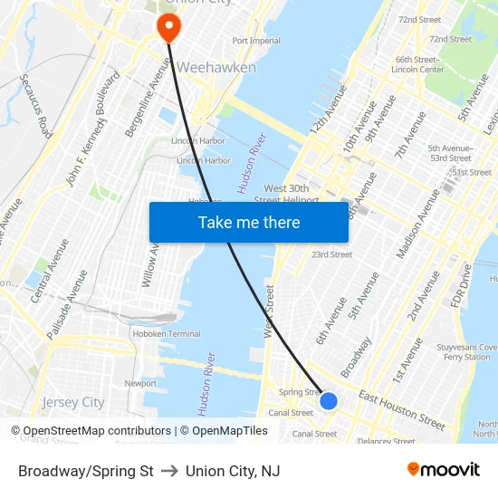 Broadway/Spring St to Union City, NJ map