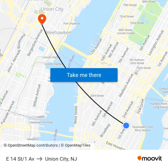 E 14 St/1 Av to Union City, NJ map