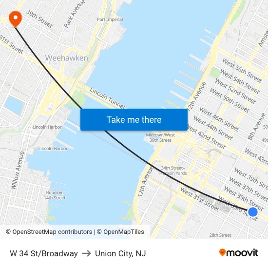 W 34 St/Broadway to Union City, NJ map