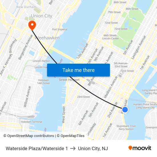 Waterside Plaza/Waterside 1 to Union City, NJ map