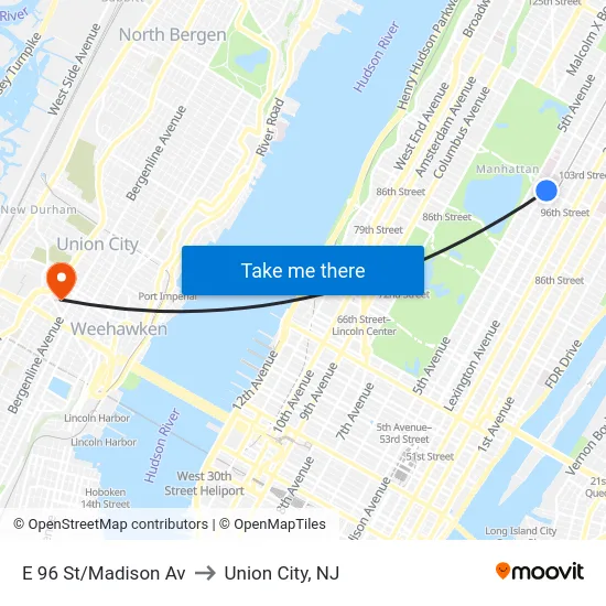 E 96 St/Madison Av to Union City, NJ map