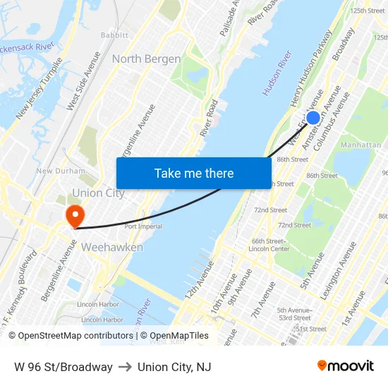 W 96 St/Broadway to Union City, NJ map