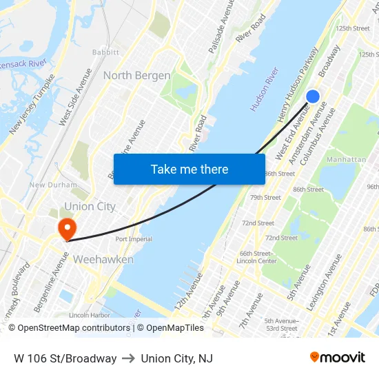 W 106 St/Broadway to Union City, NJ map