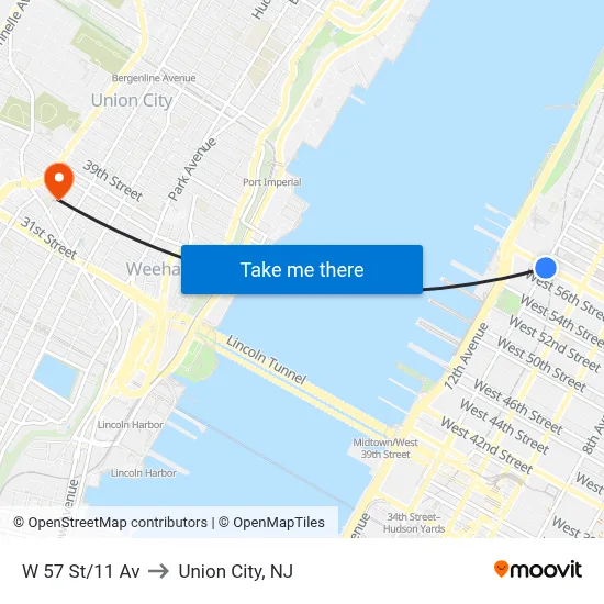 W 57 St/11 Av to Union City, NJ map