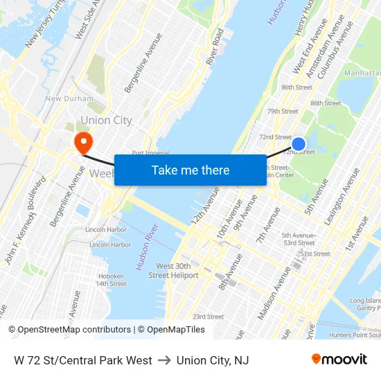 W 72 St/Central Park West to Union City, NJ map