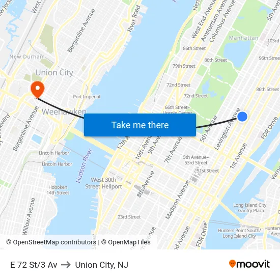 E 72 St/3 Av to Union City, NJ map