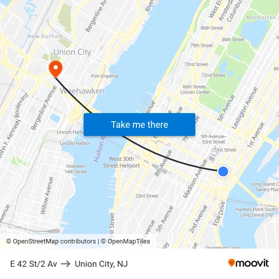 E 42 St/2 Av to Union City, NJ map