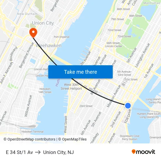 E 34 St/1 Av to Union City, NJ map
