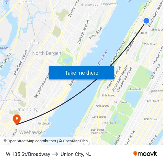 W 135 St/Broadway to Union City, NJ map