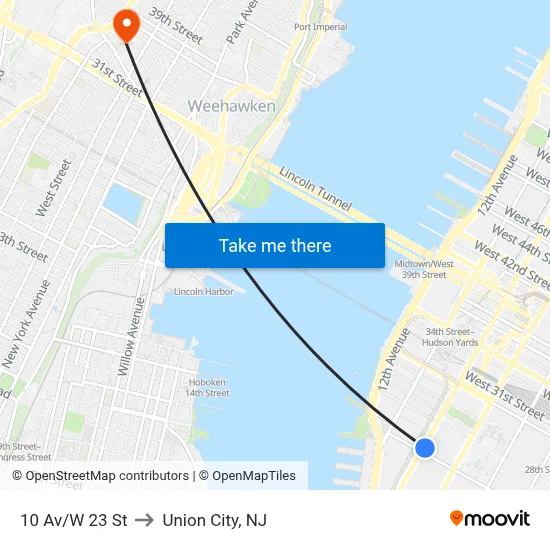 10 Av/W 23 St to Union City, NJ map