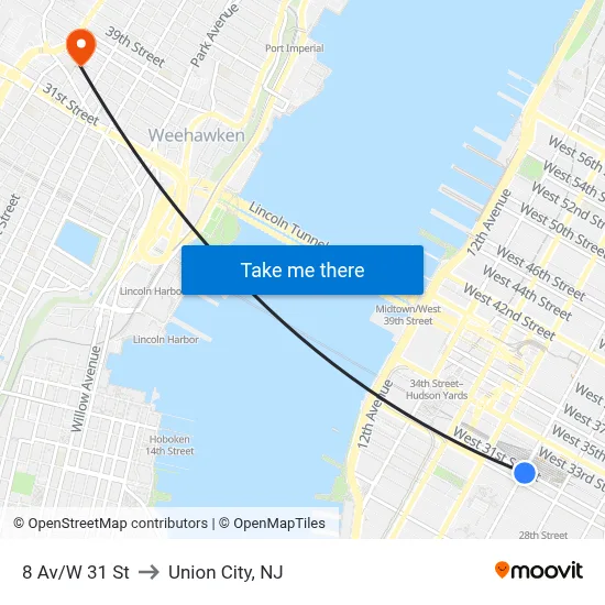 8 Av/W 31 St to Union City, NJ map