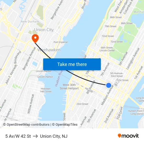 5 Av/W 42 St to Union City, NJ map