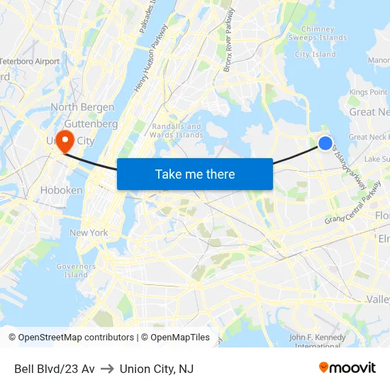 Bell Blvd/23 Av to Union City, NJ map