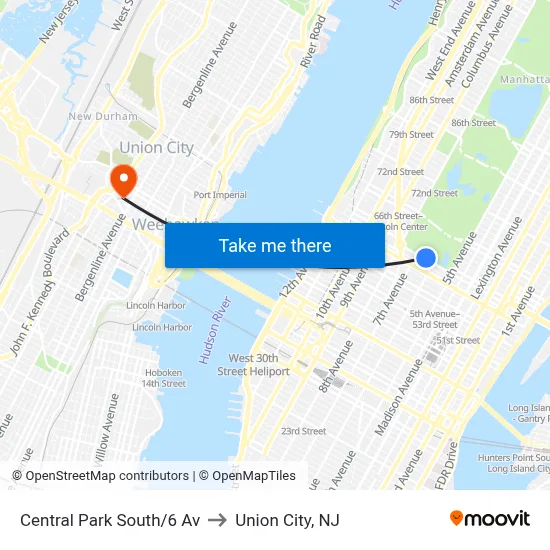 Central Park South/6 Av to Union City, NJ map