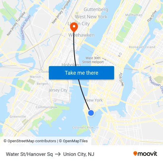 Water St/Hanover Sq to Union City, NJ map