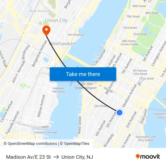 Madison Av/E 23 St to Union City, NJ map