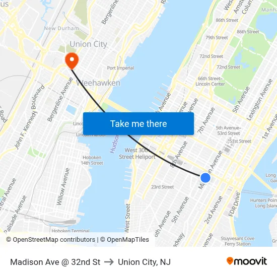 Madison Ave @ 32nd St to Union City, NJ map