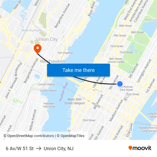 6 Av/W 51 St to Union City, NJ map