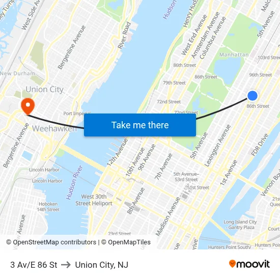 3 Av/E 86 St to Union City, NJ map