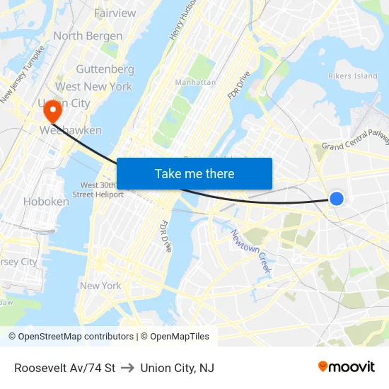 Roosevelt Av/74 St to Union City, NJ map