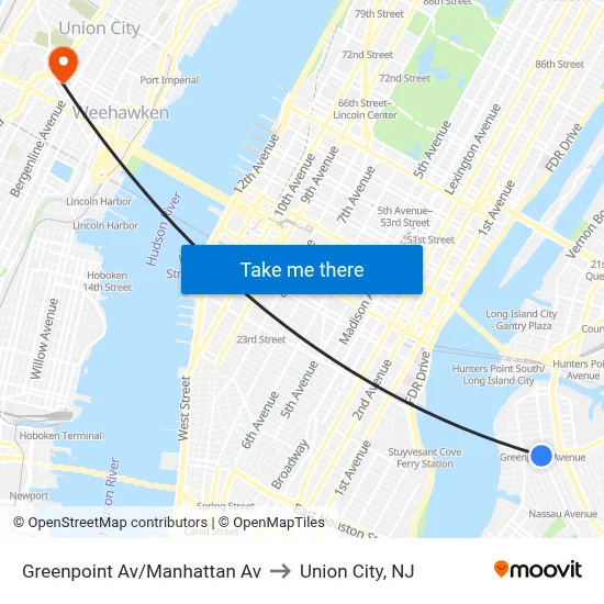 Greenpoint Av/Manhattan Av to Union City, NJ map