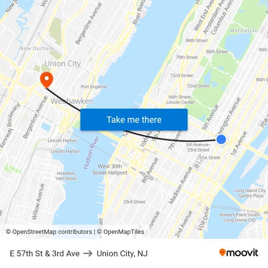 E 57th St & 3rd Ave to Union City, NJ map