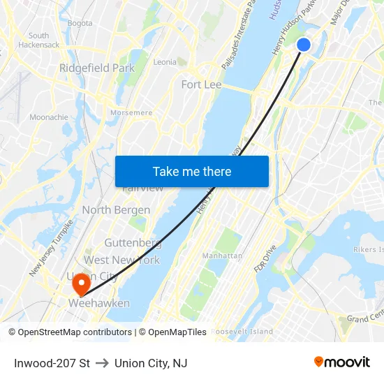 Inwood-207 St to Union City, NJ map