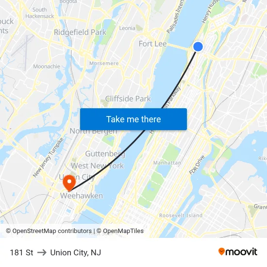 181 St to Union City, NJ map